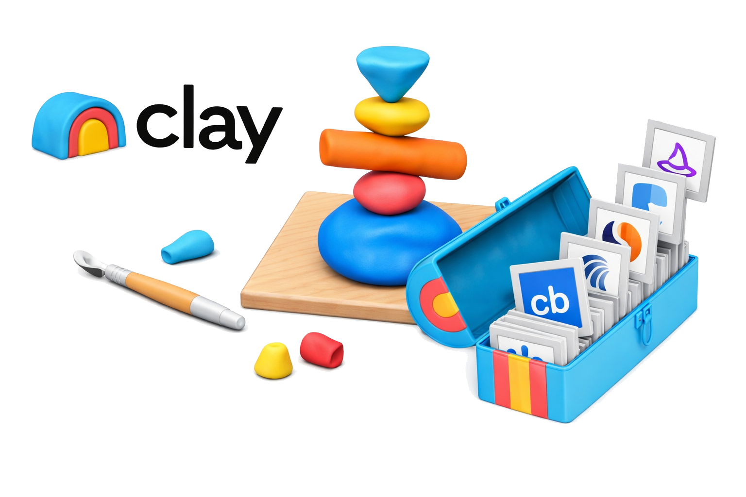 Ilustración de Clay: figuras de plastilina y una caja con logos de fuentes de datos